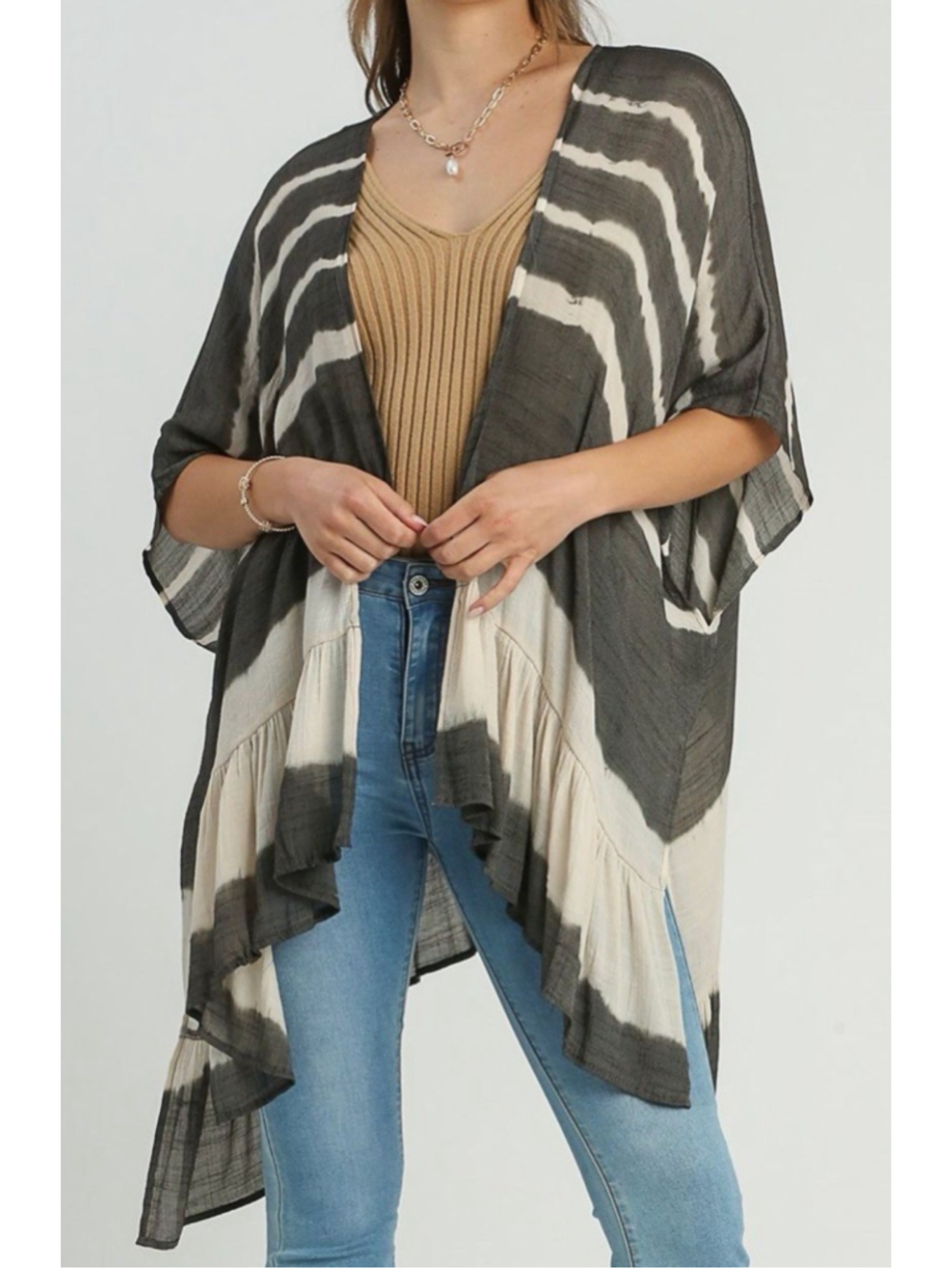 Umgee Black and Cream Tie-Dye Open Front Kimono Wrap